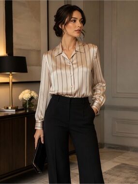 Appleseed’s gold silk look blouse with black stripes.